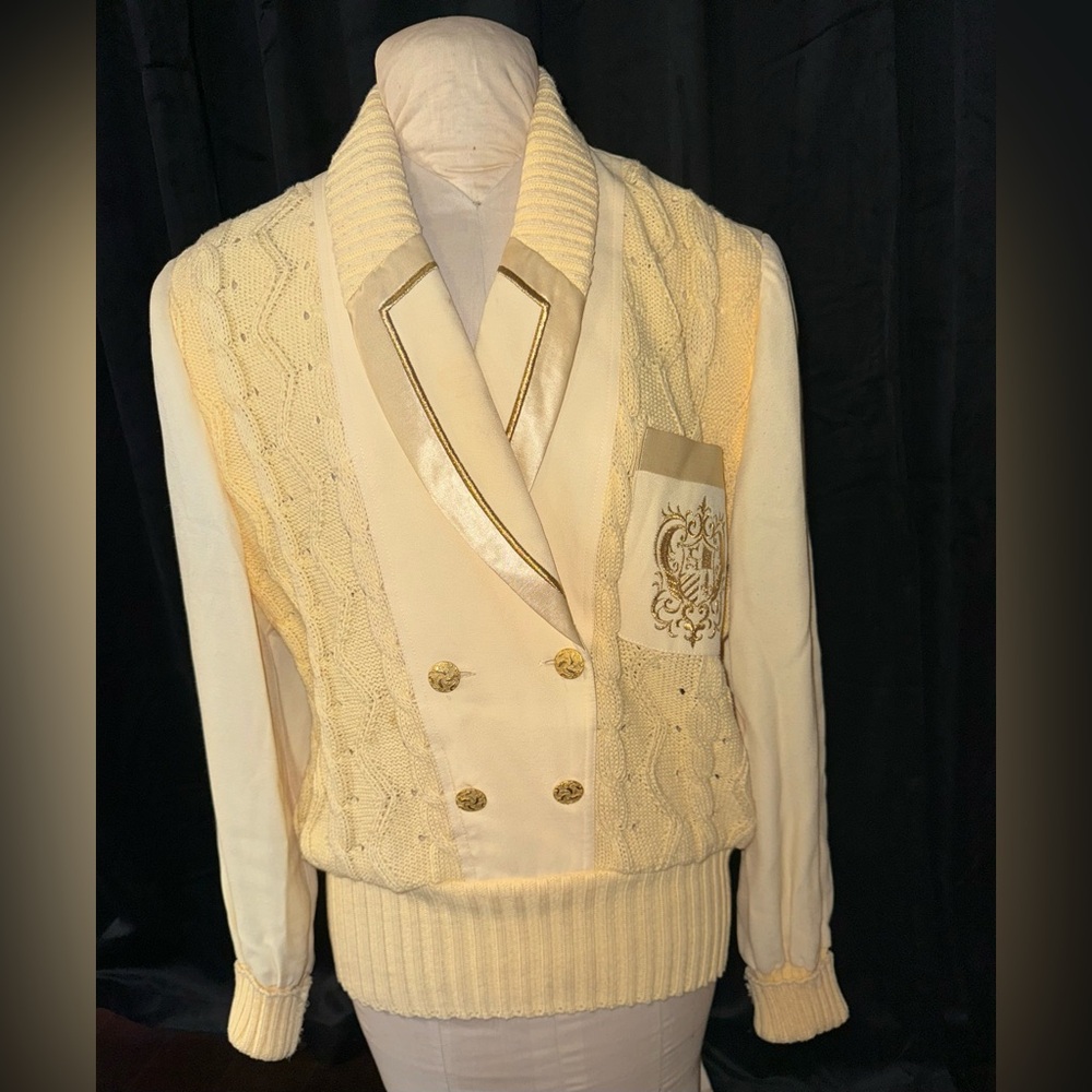 Vintage SideEffects Cream Double-Breasted Cardigan with Embroidered Pocket